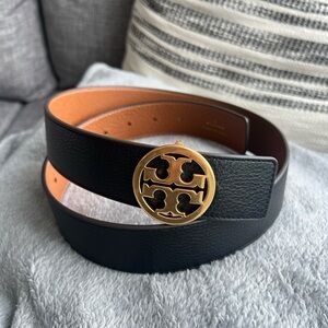 Tory Burch Black Leather Belt with Gold Buckle